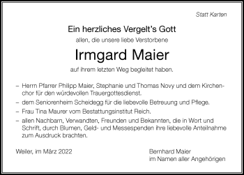 Traueranzeige von Irmgard Maier von Der Westallgäuer