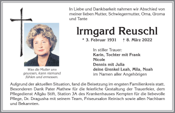 Traueranzeige von Irmgard Reuschl von Allgäuer Zeitung,Kempten
