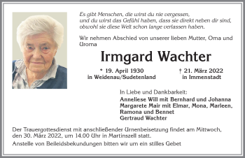 Traueranzeige von Irmgard Wachter von Allgäuer Zeitung,Kempten