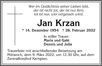 Traueranzeige von Jan Krzan von Allgäuer Zeitung,Kempten