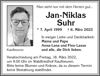 Traueranzeige von Jan-Niklas Suhr von Allgäuer Zeitung, Kaufbeuren/Buchloe