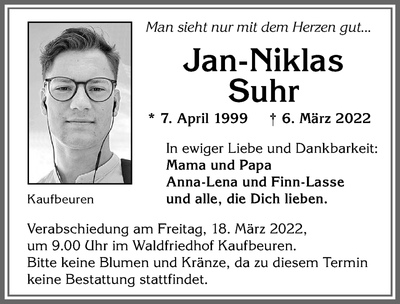  Traueranzeige für Jan-Niklas Suhr vom 12.03.2022 aus Allgäuer Zeitung, Kaufbeuren/Buchloe