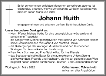 Traueranzeige von Johann Huith von Memminger Zeitung