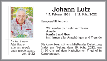 Traueranzeige von Johann Lutz von Allgäuer Zeitung,Kempten