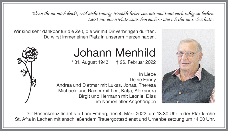  Traueranzeige für Johann Menhild vom 02.03.2022 aus Memminger Zeitung
