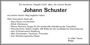 Traueranzeige von Johann Schuster von Memminger Zeitung