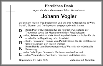 Traueranzeige von Johann Vogler von Allgäuer Anzeigeblatt