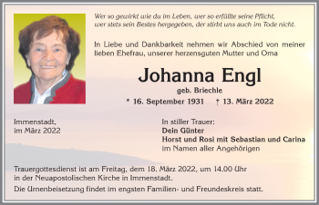Traueranzeige von Johanna Engl von Allgäuer Anzeigeblatt
