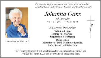 Traueranzeige von Johanna Gans von Allgäuer Zeitung, Füssen