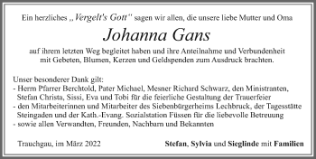 Traueranzeige von Johanna Gans von Allgäuer Zeitung, Füssen