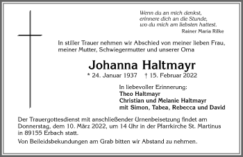 Traueranzeige von Johanna Haltmayr von Allgäuer Anzeigeblatt