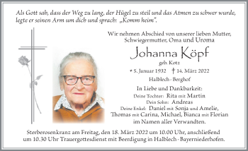 Traueranzeige von Johanna Köpf von Allgäuer Zeitung, Füssen
