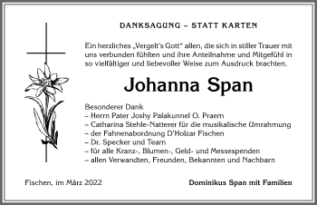 Traueranzeige von Johanna Span von Allgäuer Anzeigeblatt