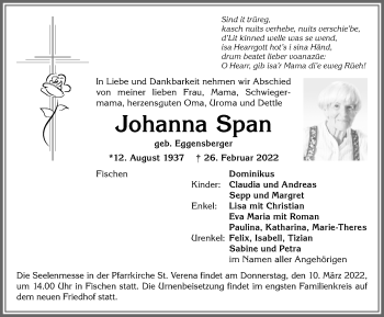 Traueranzeige von Johanna Span von Allgäuer Anzeigeblatt