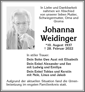 Traueranzeige von Johanna Weidinger von Allgäuer Zeitung,Kempten
