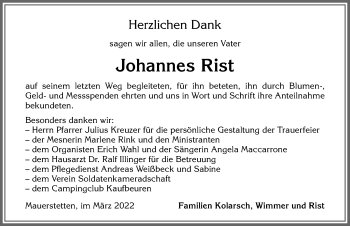 Traueranzeige von Johannes Rist von Allgäuer Zeitung, Kaufbeuren/Buchloe