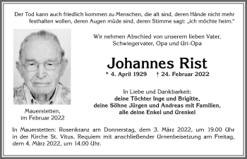 Traueranzeige von Johannes Rist von Allgäuer Zeitung, Kaufbeuren/Buchloe