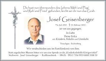 Traueranzeige von Josef Geisenberger von Allgäuer Zeitung, Füssen