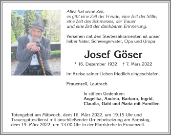 Traueranzeige von Josef Göser von Allgäuer Zeitung,Kempten