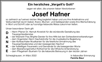 Traueranzeige von Josef Hafner von Memminger Zeitung