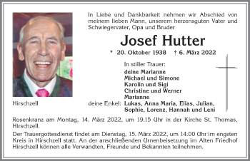 Traueranzeige von Josef Hutter von Allgäuer Zeitung, Kaufbeuren/Buchloe