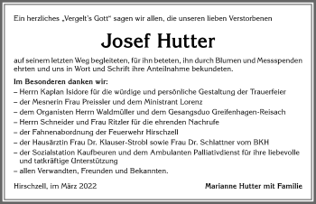 Traueranzeige von Josef Hutter von Allgäuer Zeitung, Kaufbeuren/Buchloe