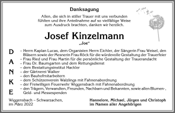 Traueranzeige von Josef Kinzelmann von Allgäuer Zeitung,Kempten