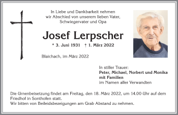 Traueranzeige von Josef Lerpscher von Allgäuer Anzeigeblatt
