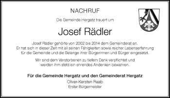 Traueranzeige von Josef Rädler von Der Westallgäuer