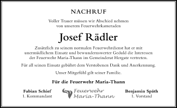 Traueranzeige von Josef Rädler von Der Westallgäuer