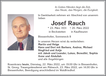 Traueranzeige von Josef Rauch von Allgäuer Zeitung, Marktoberdorf