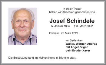 Traueranzeige von Josef Schindele von Memminger Zeitung