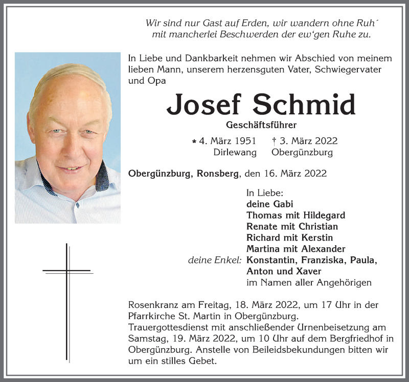  Traueranzeige für Josef Schmid vom 16.03.2022 aus Allgäuer Zeitung, Marktoberdorf