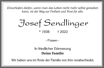Traueranzeige von Josef Sendlinger von Allgäuer Zeitung, Füssen
