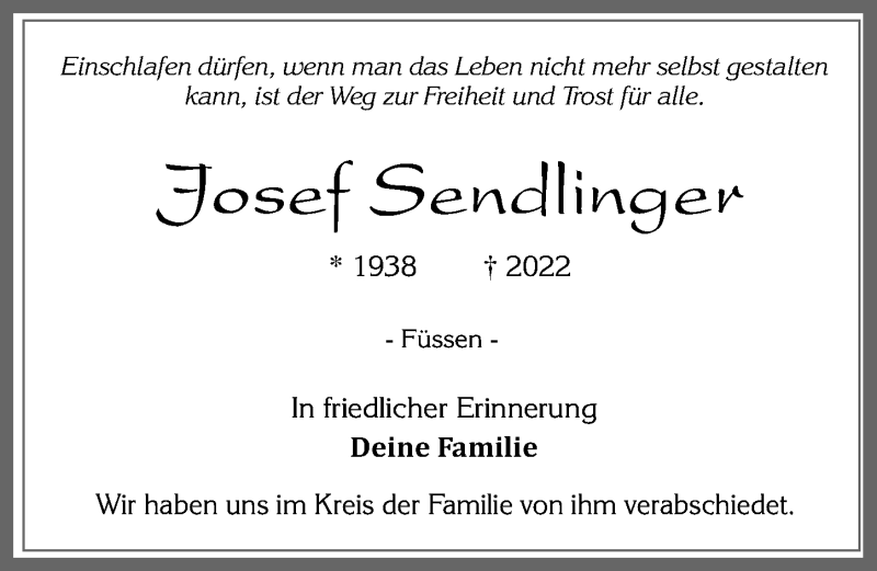 Traueranzeige für Josef Sendlinger vom 12.03.2022 aus Allgäuer Zeitung, Füssen
