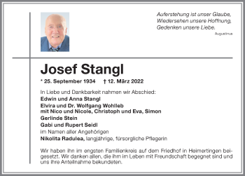 Traueranzeige von Josef Stangl von Memminger Zeitung