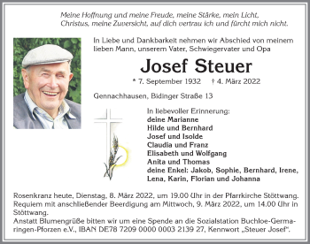 Traueranzeige von Josef Steuer von Allgäuer Zeitung, Kaufbeuren/Buchloe