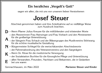 Traueranzeige von Josef Steuer von Allgäuer Zeitung, Kaufbeuren/Buchloe