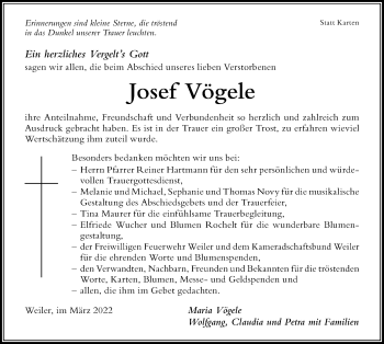 Traueranzeige von Josef Vögele von Der Westallgäuer