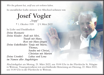 Traueranzeige von Josef Vogler von Allgäuer Zeitung,Kempten
