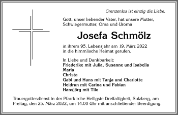 Traueranzeige von Josefa Schmölz von Allgäuer Zeitung,Kempten