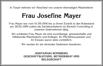 Traueranzeige von Josefine Mayer von Allgäuer Zeitung, Marktoberdorf