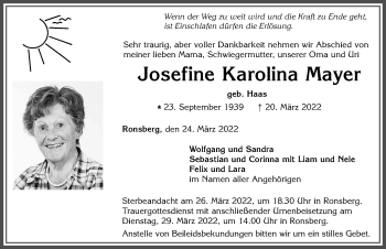Traueranzeige von Josefine Karolina Mayer von Allgäuer Zeitung, Marktoberdorf