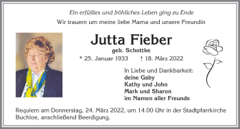Traueranzeige von Jutta Fieber von Allgäuer Zeitung, Kaufbeuren/Buchloe