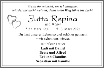 Traueranzeige von Jutta Repina von Allgäuer Zeitung, Marktoberdorf