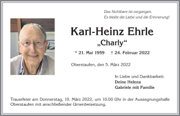 Traueranzeige von Karl-Heinz Ehrle von Allgäuer Anzeigeblatt