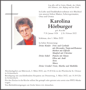 Traueranzeige von Karolina Hörburger von Der Westallgäuer