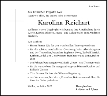 Traueranzeige von Karolina Reichart von Der Westallgäuer