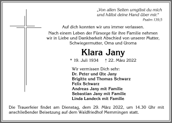 Traueranzeige von Klara Jany von Memminger Zeitung