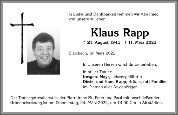 Traueranzeige von Klaus Rapp von Allgäuer Anzeigeblatt